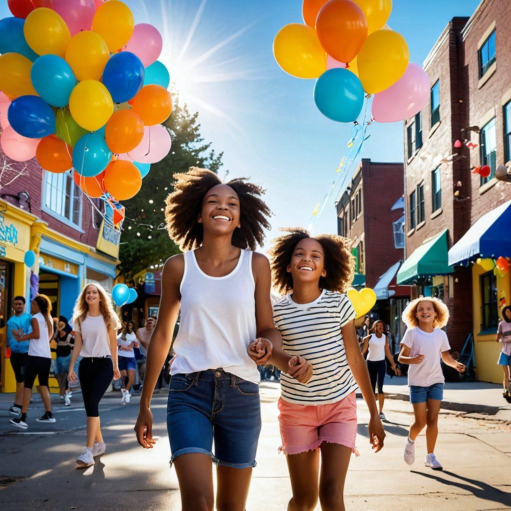 A transition scene showing a girl evolving from a cheerful teenager to a vibrant young woman. The background blends a colorful playground filled with laughter and joy, gradually shifting into a lively street with women celebrating life. Include elements like balloons, sunshine, and flowers symbolizing growth and happiness. The atmosphere should radiate positivity, capturing the essence of embracing one's spirit. vibrant colors. super-realistic.