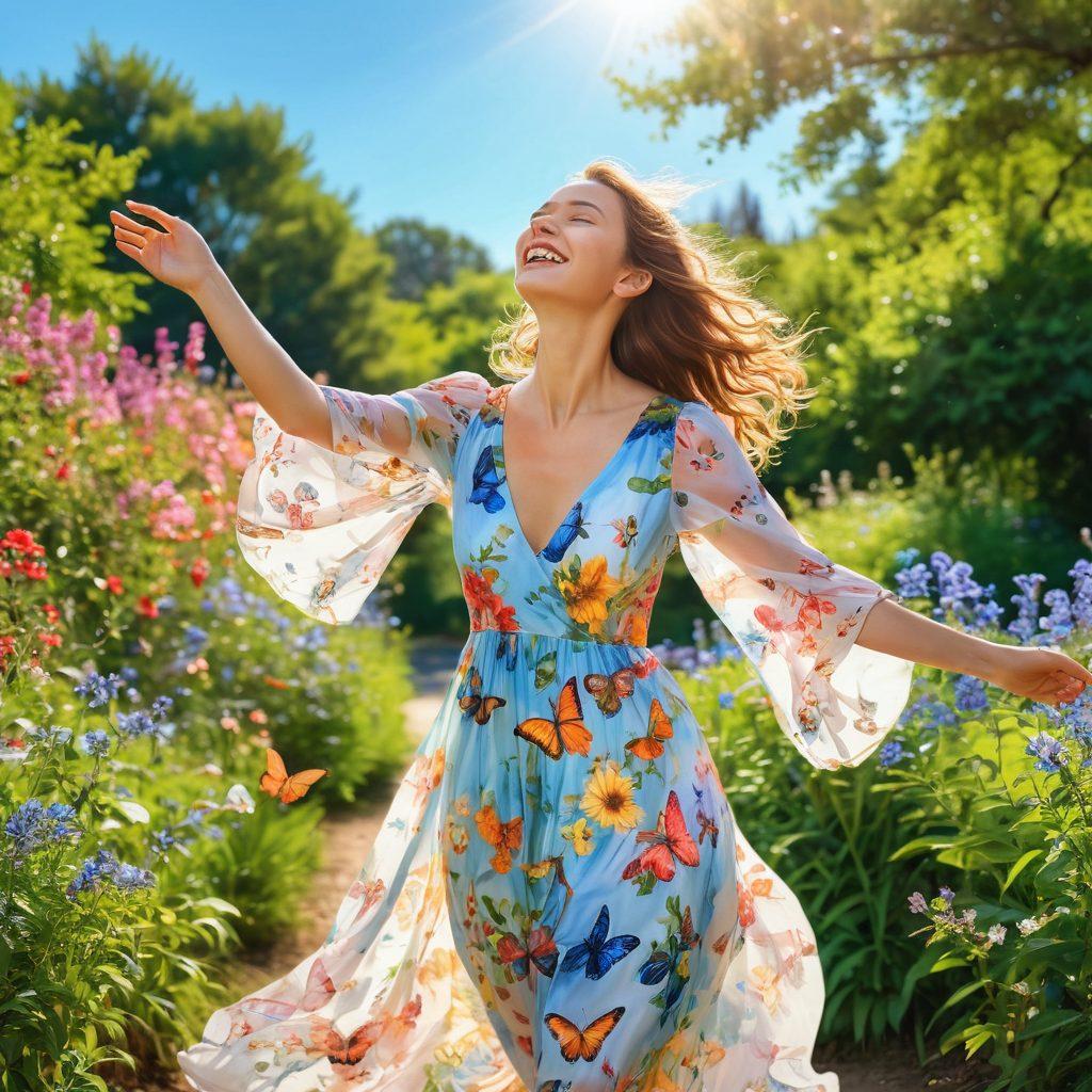 A young woman joyfully exploring a colorful park filled with blooming flowers and vibrant greenery, wearing a flowing dress and laughing with open arms under a bright blue sky. Butterflies flutter around her while a radiant sun shines down, illuminating her cheerful expression. The scene captures the essence of happiness, adventure, and self-discovery, inviting viewers to embrace life's beauty. watercolor painting. vibrant colors. bright background.